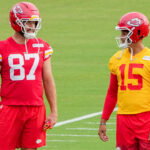 Jul 29, 2026; St. Joseph, MO, USA; Kansas City Chiefs quarterback Patrick Mahomes (15) talks with tight end Travis Kelce (87) during training camp at Missouri Western State University. Mandatory Credit: Denny Medley-Imagn Images