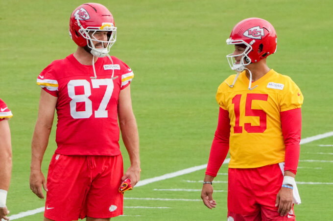 Jul 29, 2026; St. Joseph, MO, USA; Kansas City Chiefs quarterback Patrick Mahomes (15) talks with tight end Travis Kelce (87) during training camp at Missouri Western State University. Mandatory Credit: Denny Medley-Imagn Images