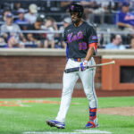 Jul 31, 2026; New York City, New York, USA; New York Mets second baseman Marcus Semien (10) walks back to the dugout after striking out with two runners on base in the sixth inning against the Miami Marlins at Citi Field. Mandatory Credit: Wendell Cruz-Imagn Images