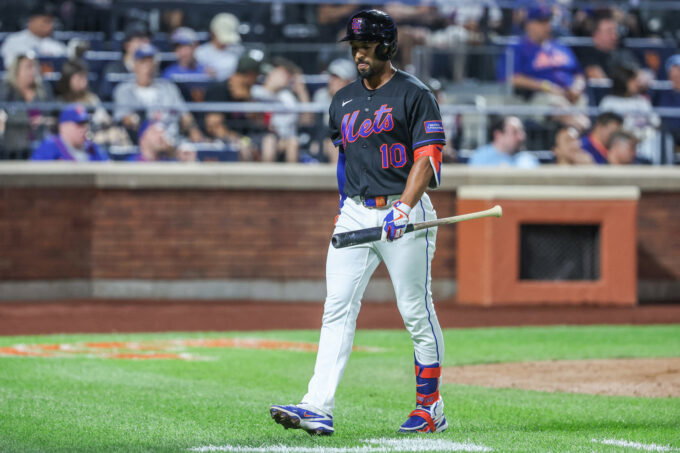 Jul 31, 2026; New York City, New York, USA; New York Mets second baseman Marcus Semien (10) walks back to the dugout after striking out with two runners on base in the sixth inning against the Miami Marlins at Citi Field. Mandatory Credit: Wendell Cruz-Imagn Images