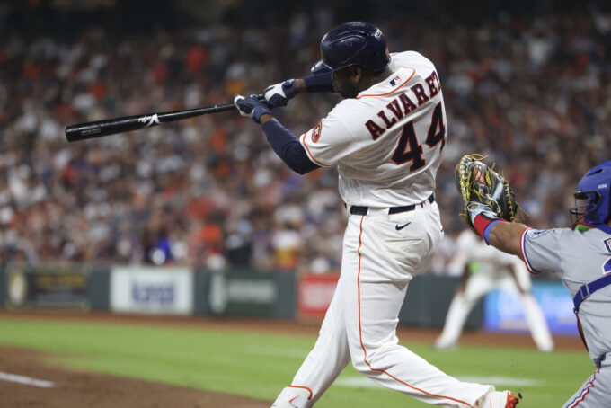 Aug 1, 2026; Houston, Texas, USA; Houston Astros designated hitter Yordan Alvarez (44) hits a double during the third inning against the Texas Rangers at Daikin Park. Mandatory Credit: Troy Taormina-Imagn Images