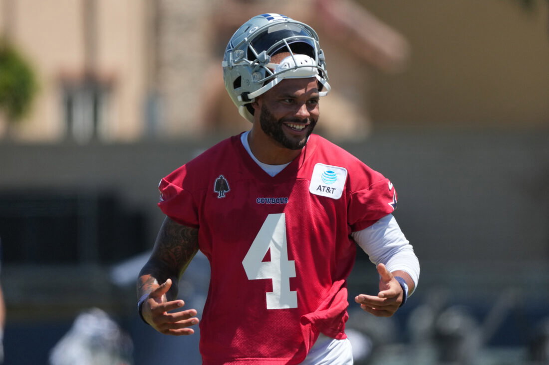 Aug 1, 2026; Oxnard, CA, USA; Dallas Cowboys quarterback Dak Prescott (4) at training camp at River Ridge Playing Fields. Mandatory Credit: Kirby Lee-Imagn Images