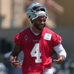 Aug 1, 2026; Oxnard, CA, USA; Dallas Cowboys quarterback Dak Prescott (4) at training camp at River Ridge Playing Fields. Mandatory Credit: Kirby Lee-Imagn Images