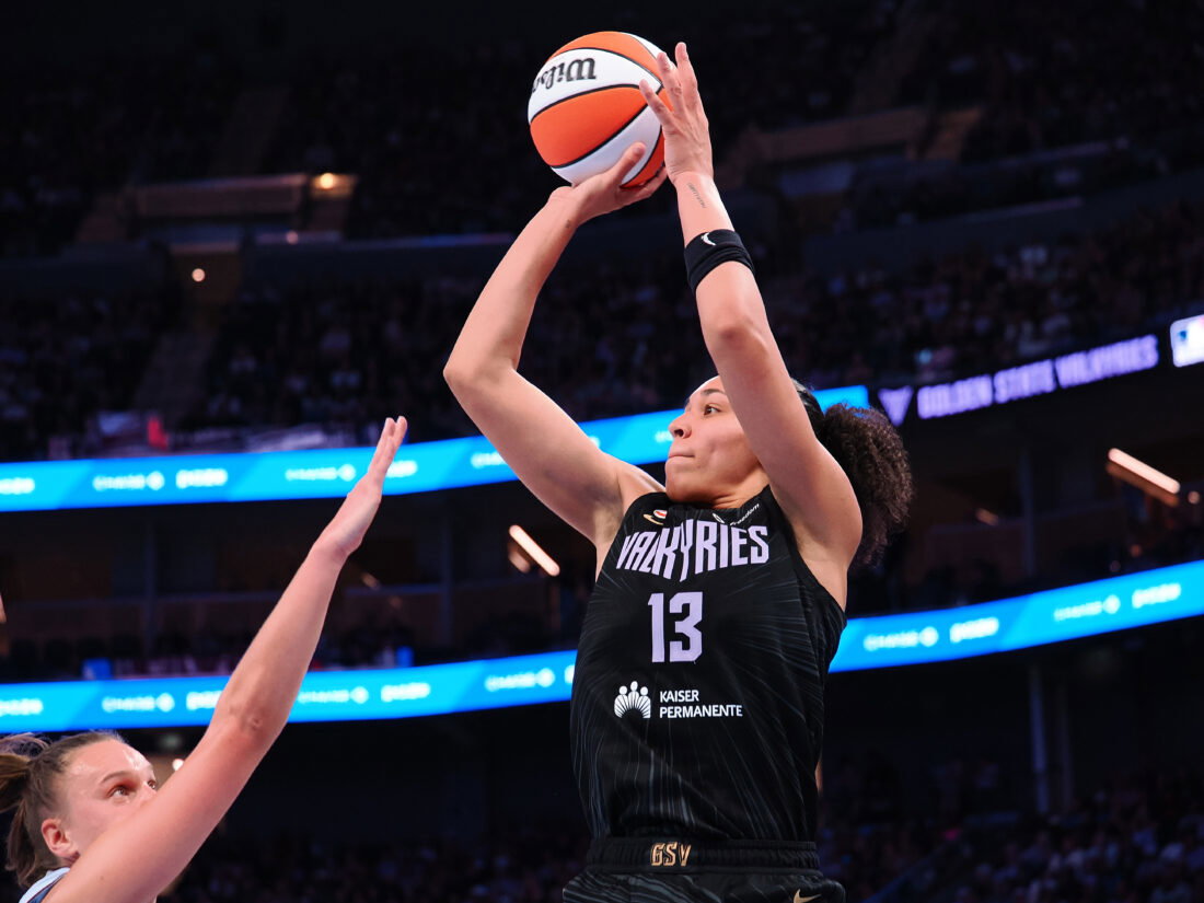 Aug 2, 2026; San Francisco, California, USA; Golden State Valkyries forward Janelle Salaun (13) shoots the ball against the Toronto Tempo during the third quarter at Chase Center. Mandatory Credit: Kelley L Cox-Imagn Images