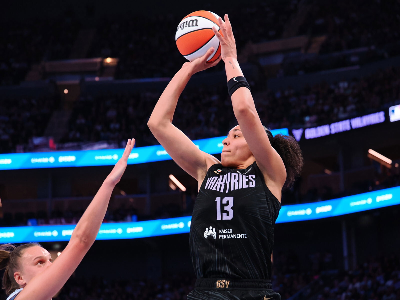 Aug 2, 2026; San Francisco, California, USA; Golden State Valkyries forward Janelle Salaun (13) shoots the ball against the Toronto Tempo during the third quarter at Chase Center. Mandatory Credit: Kelley L Cox-Imagn Images