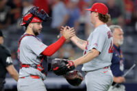 Aug 3, 2026; Bronx, New York, USA; St. Louis Cardinals catcher Jimmy Crooks (8) and relief pitcher Gordon Graceffo (44) celebrate after defeating the New York Yankees at Yankee Stadium. Mandatory Credit: Brad Penner-Imagn Images