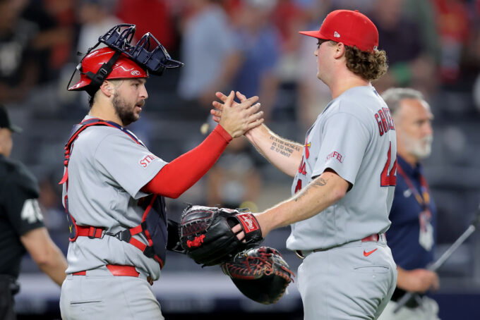 Aug 3, 2026; Bronx, New York, USA; St. Louis Cardinals catcher Jimmy Crooks (8) and relief pitcher Gordon Graceffo (44) celebrate after defeating the New York Yankees at Yankee Stadium. Mandatory Credit: Brad Penner-Imagn Images