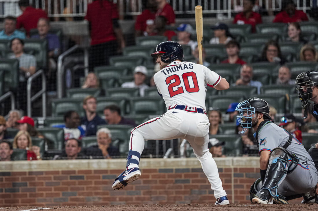 Aug 4, 2026; Cumberland, Georgia, USA; Atlanta Braves Lane Thomas (20) bats against the Miami Marlins during the seventh inning at Truist Park. Mandatory Credit: Dale Zanine-Imagn Images