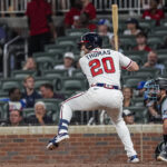 Aug 4, 2026; Cumberland, Georgia, USA; Atlanta Braves Lane Thomas (20) bats against the Miami Marlins during the seventh inning at Truist Park. Mandatory Credit: Dale Zanine-Imagn Images
