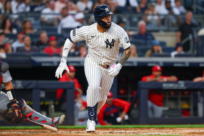 Aug 4, 2026; Bronx, New York, USA; New York Yankees first baseman Luis Garcia Jr. (26) singles during the fourth inning against the St. Louis Cardinals at Yankee Stadium. Mandatory Credit: Vincent Carchietta-Imagn Images