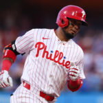 Aug 5, 2026; Philadelphia, Pennsylvania, USA; Philadelphia Phillies second baseman Luis Arraez (4) runs the bases on a home run during the second inning against the Washington Nationals at Citizens Bank Park. Mandatory Credit: Bill Streicher-Imagn Images