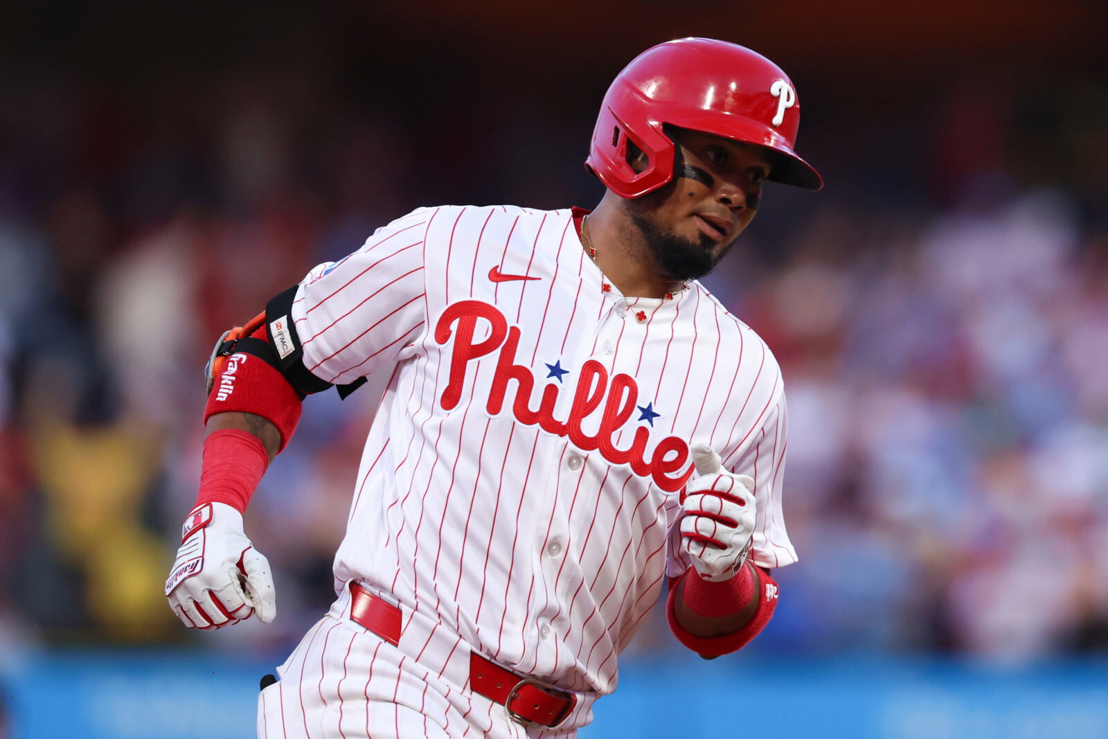 Aug 5, 2026; Philadelphia, Pennsylvania, USA; Philadelphia Phillies second baseman Luis Arraez (4) runs the bases on a home run during the second inning against the Washington Nationals at Citizens Bank Park. Mandatory Credit: Bill Streicher-Imagn Images