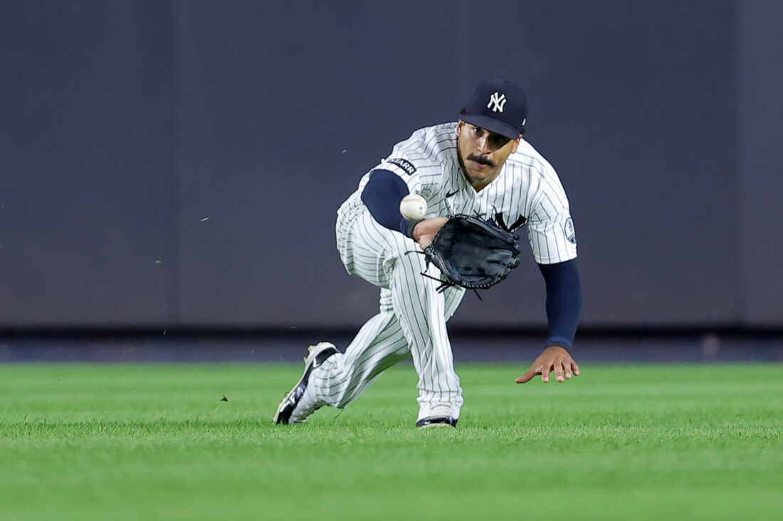 Aug 5, 2026; Bronx, New York, USA; New York Yankees center fielder Trent Grisham (12) catches a line drive by St. Louis Cardinals second baseman Cesar Prieto (not pictured) during the third inning at Yankee Stadium. Mandatory Credit: Brad Penner-Imagn Images