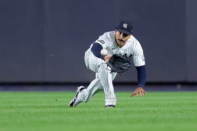 Aug 5, 2026; Bronx, New York, USA; New York Yankees center fielder Trent Grisham (12) catches a line drive by St. Louis Cardinals second baseman Cesar Prieto (not pictured) during the third inning at Yankee Stadium. Mandatory Credit: Brad Penner-Imagn Images