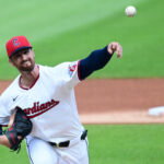 Aug 6, 2026; Cleveland, Ohio, USA; Cleveland Guardians pitcher Foster Griffin (22) throws a pitch during the first inning against the New York Mets at Progressive Field. Mandatory Credit: Ken Blaze-Imagn Images