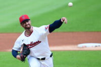 Aug 6, 2026; Cleveland, Ohio, USA; Cleveland Guardians pitcher Foster Griffin (22) throws a pitch during the first inning against the New York Mets at Progressive Field. Mandatory Credit: Ken Blaze-Imagn Images