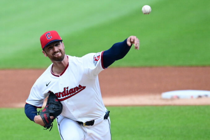 Aug 6, 2026; Cleveland, Ohio, USA; Cleveland Guardians pitcher Foster Griffin (22) throws a pitch during the first inning against the New York Mets at Progressive Field. Mandatory Credit: Ken Blaze-Imagn Images