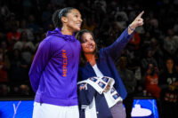 Aug 7, 2026; Uncasville, Connecticut, USA; Phoenix Mercury forward Alyssa Thomas (25) alongside of Connecticut Sun president Jennifer Rizzotti, is honored by her former team the Connecticut Sun with the retirement of her jersey number (25) before the start of the game at Mohegan Sun Arena. Mandatory Credit: David Butler II-Imagn Images