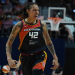 Aug 7, 2026; Uncasville, Connecticut, USA; Connecticut Sun center Brittney Griner (42) reacts after a non call against the Phoenix Mercury in the second half at Mohegan Sun Arena. Mandatory Credit: David Butler II-Imagn Images