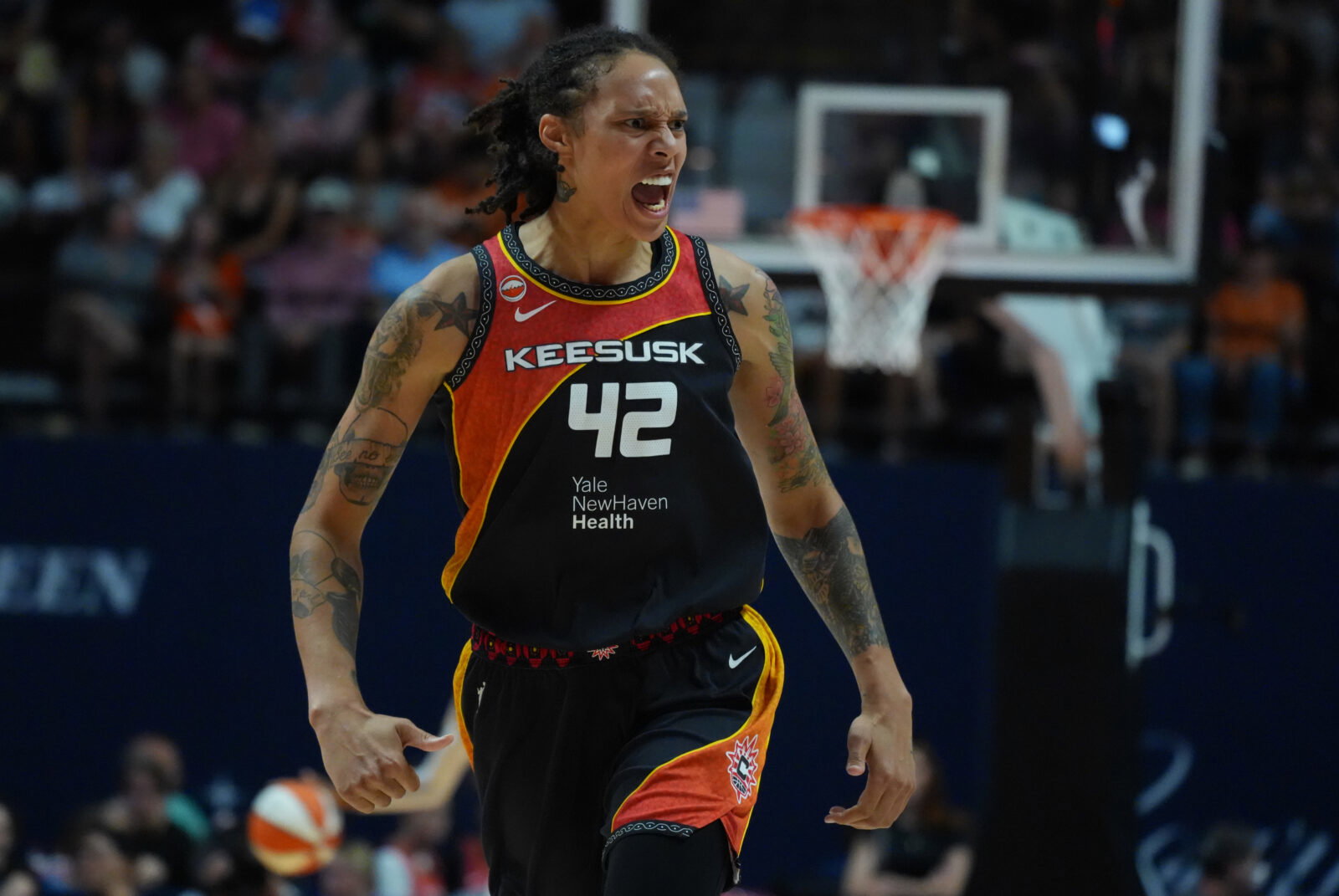 Aug 7, 2026; Uncasville, Connecticut, USA; Connecticut Sun center Brittney Griner (42) reacts after a non call against the Phoenix Mercury in the second half at Mohegan Sun Arena. Mandatory Credit: David Butler II-Imagn Images