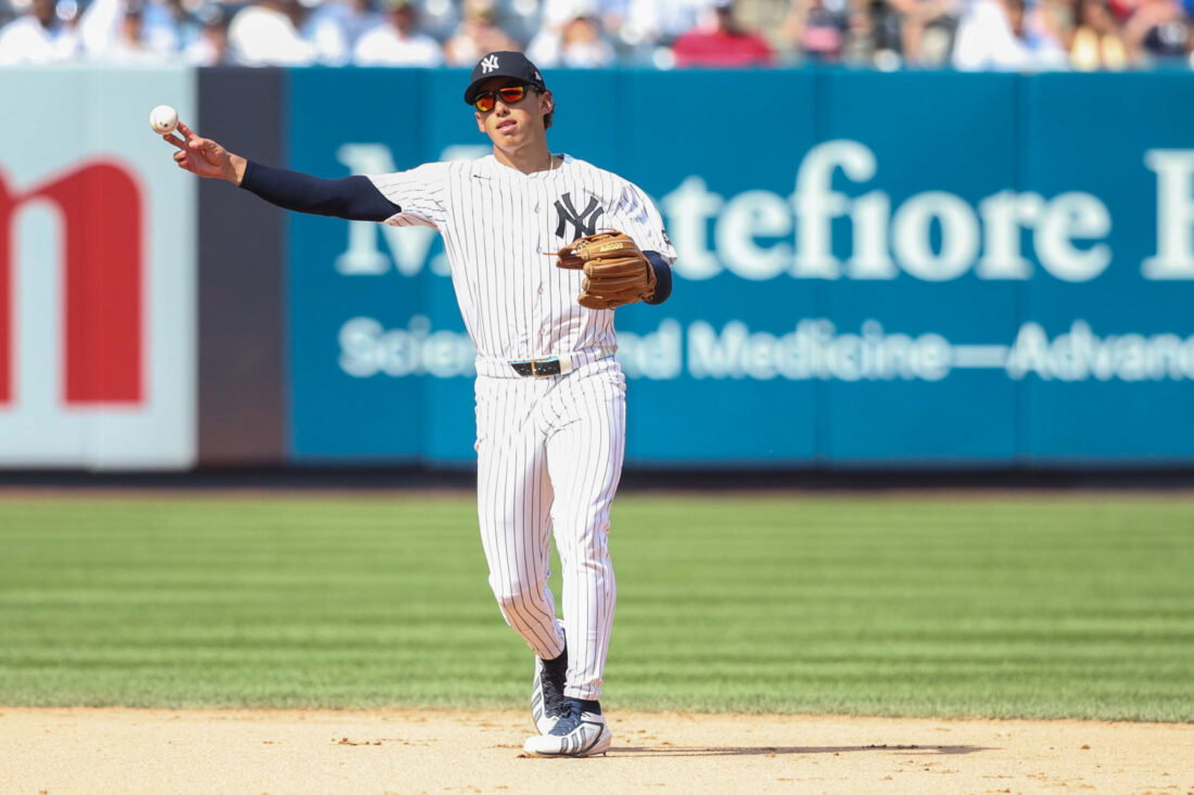Aug 9, 2026; Bronx, New York, USA; New York Yankees shortstop George Lombard Jr. (96) at Yankee Stadium. Mandatory Credit: Wendell Cruz-Imagn Images