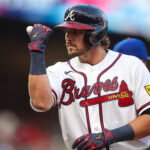 Aug 12, 2026; Atlanta, Georgia, USA; Atlanta Braves third baseman Austin Riley (27) celebrates after a single against the New York Mets in the second inning at Truist Park. Mandatory Credit: Brett Davis-Imagn Images