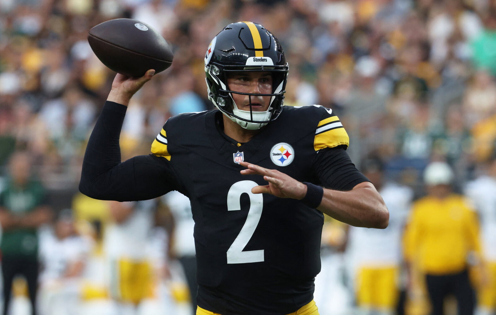 Aug 13, 2026; Pittsburgh, Pennsylvania, USA; Pittsburgh Steelers quarterback Mason Rudolph (2) passes against the Green Bay Packers during the first quarter at Acrisure Stadium. Mandatory Credit: Charles LeClaire-Imagn Images