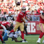 Aug 13, 2026; Santa Clara, California, USA; San Francisco 49ers quarterback Kurtis Rourke (14) throws a pass to San Francisco 49ers wide receiver De'zhaun Stribling (15) during a game against the Tennessee Titans in the first quarter at Levi's Stadium. Mandatory Credit: David Gonzales-Imagn Images
