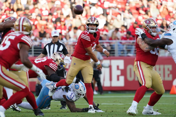 Aug 13, 2026; Santa Clara, California, USA; San Francisco 49ers quarterback Kurtis Rourke (14) throws a pass to San Francisco 49ers wide receiver De'zhaun Stribling (15) during a game against the Tennessee Titans in the first quarter at Levi's Stadium. Mandatory Credit: David Gonzales-Imagn Images