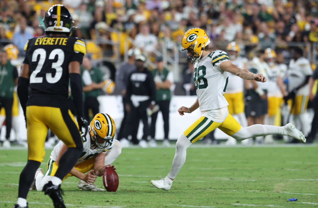 Aug 13, 2026; Pittsburgh, Pennsylvania, USA; Green Bay Packers place kicker Trey Smack (28) kicks a field goal against the Pittsburgh Steelers during the third quarter at Acrisure Stadium. Mandatory Credit: Charles LeClaire-Imagn Images