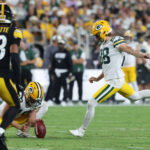 Aug 13, 2026; Pittsburgh, Pennsylvania, USA; Green Bay Packers place kicker Trey Smack (28) kicks a field goal against the Pittsburgh Steelers during the third quarter at Acrisure Stadium. Mandatory Credit: Charles LeClaire-Imagn Images