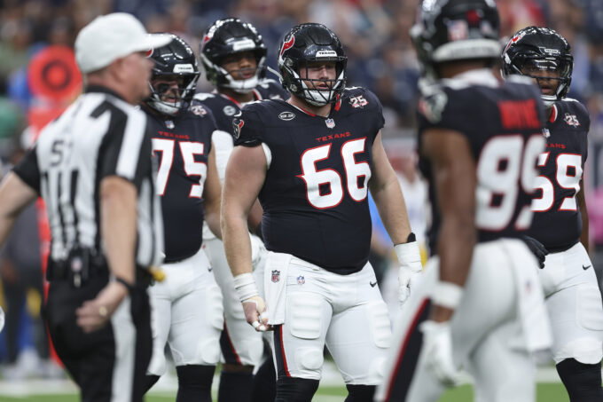 Aug 13, 2026; Houston, Texas, USA; Houston Texans center Keylan Rutledge (66) during the game against the Los Angeles Chargers at Reliant Stadium. Mandatory Credit: Troy Taormina-Imagn Images