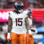 Aug 14, 2026; Atlanta, Georgia, USA; Denver Broncos linebacker Nik Bonitto (15) in action against the Atlanta Falcons in the first quater at Mercedes-Benz Stadium. Mandatory Credit: Brett Davis-Imagn Images