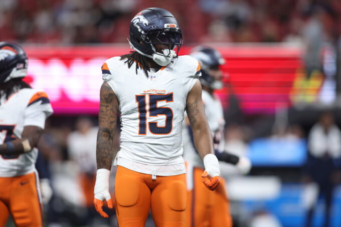 Aug 14, 2026; Atlanta, Georgia, USA; Denver Broncos linebacker Nik Bonitto (15) in action against the Atlanta Falcons in the first quater at Mercedes-Benz Stadium. Mandatory Credit: Brett Davis-Imagn Images