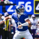 Aug 15, 2026; East Rutherford, New Jersey, USA; New York Giants quarterback Jaxson Dart (6) passes the ball against the Minnesota Vikings during the first half at MetLife Stadium. Mandatory Credit: John Jones-Imagn Images