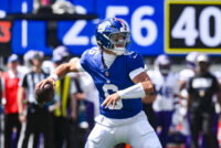 Aug 15, 2026; East Rutherford, New Jersey, USA; New York Giants quarterback Jaxson Dart (6) passes the ball against the Minnesota Vikings during the first half at MetLife Stadium. Mandatory Credit: John Jones-Imagn Images
