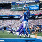 New York Giants wide receiver Malachi Fields (0) catches a touchdown pass from New York Giants quarterback Jaxson Dart (6) during a preseason opening game between the New York Giants and Minnesota Vikings on Saturday, Aug. 15, 2026, at MetLife Stadium in East Rutherford, NJ.