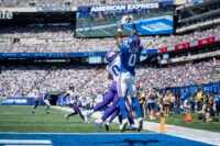 New York Giants wide receiver Malachi Fields (0) catches a touchdown pass from New York Giants quarterback Jaxson Dart (6) during a preseason opening game between the New York Giants and Minnesota Vikings on Saturday, Aug. 15, 2026, at MetLife Stadium in East Rutherford, NJ.