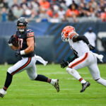 Aug 15, 2026; Chicago, Illinois, USA; Chicago Bears tight end Sam Roush (87) runs the ball against the Cleveland Browns during the first half at Soldier Field. Mandatory Credit: Patrick Gorski-Imagn Images