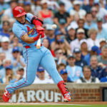 Aug 15, 2026; Chicago, Illinois, USA; St. Louis Cardinals left fielder Joshua Baez (22) hits a two-run home run against the Chicago Cubs during the first inning at Wrigley Field. Mandatory Credit: Kamil Krzaczynski-Imagn Images TPX IMAGES OF THE DAY