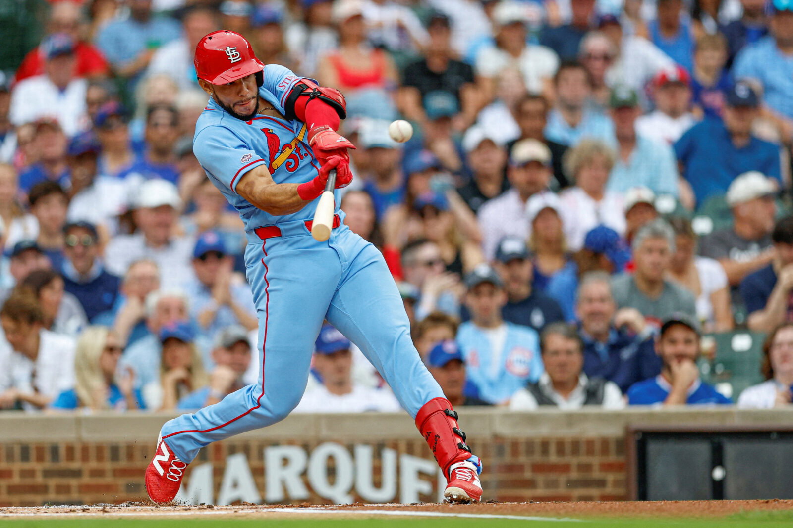 Aug 15, 2026; Chicago, Illinois, USA; St. Louis Cardinals left fielder Joshua Baez (22) hits a two-run home run against the Chicago Cubs during the first inning at Wrigley Field. Mandatory Credit: Kamil Krzaczynski-Imagn Images TPX IMAGES OF THE DAY