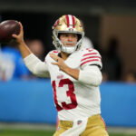Aug 20, 2026; Inglewood, California, USA; San Francisco 49ers quarterback Brock Purdy (13) throws the ball against the Los Angeles Chargers in the first half at SoFi Stadium. Mandatory Credit: Kirby Lee-Imagn Images