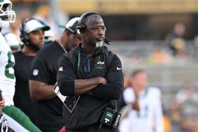 Aug 21, 2026; Pittsburgh, Pennsylvania, USA; New York Jets head coach Aaron Glenn during the game against the Pittsburgh Steelers at Acrisure Stadium. Mandatory Credit: Barry Reeger-Imagn Images