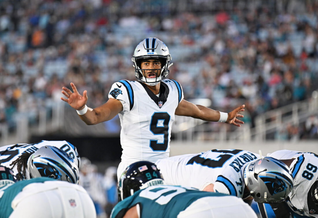 Aug 21, 2026; Jacksonville, Florida, USA; Carolina Panthers quarterback Bryce Young (9) calls an audible during the first quarter of the preseason game against the Jacksonville Jaguars at EverBank Stadium. Mandatory Credit: Melina Myers-Imagn Images