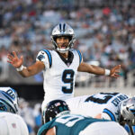 Aug 21, 2026; Jacksonville, Florida, USA; Carolina Panthers quarterback Bryce Young (9) calls an audible during the first quarter of the preseason game against the Jacksonville Jaguars at EverBank Stadium. Mandatory Credit: Melina Myers-Imagn Images