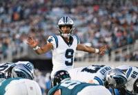Aug 21, 2026; Jacksonville, Florida, USA; Carolina Panthers quarterback Bryce Young (9) calls an audible during the first quarter of the preseason game against the Jacksonville Jaguars at EverBank Stadium. Mandatory Credit: Melina Myers-Imagn Images