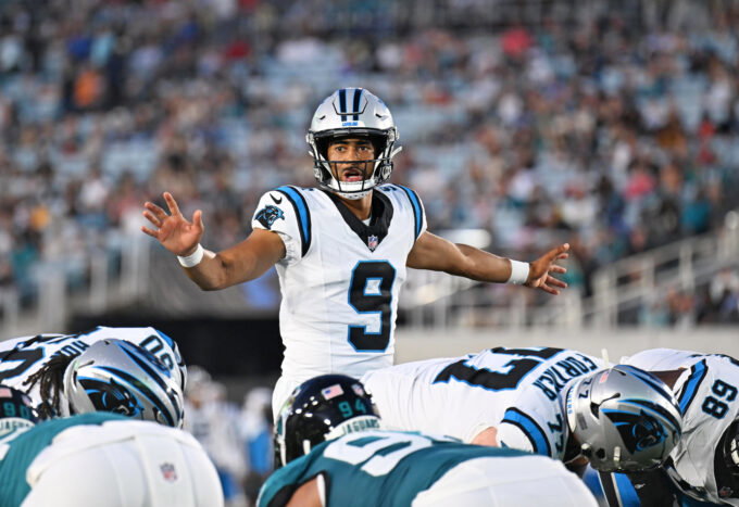Aug 21, 2026; Jacksonville, Florida, USA; Carolina Panthers quarterback Bryce Young (9) calls an audible during the first quarter of the preseason game against the Jacksonville Jaguars at EverBank Stadium. Mandatory Credit: Melina Myers-Imagn Images