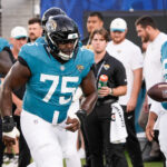 Jacksonville Jaguars guard Emmanuel Pregnon (75) runs a drill before the start of the game against the Carolina Panthers at EverBank Stadium in the second preseason game on Friday night, August 21, 2026 in Jacksonville, Fla. [Doug Engle/Florida Times-Union] USA TODAY Network via Reuters Connect