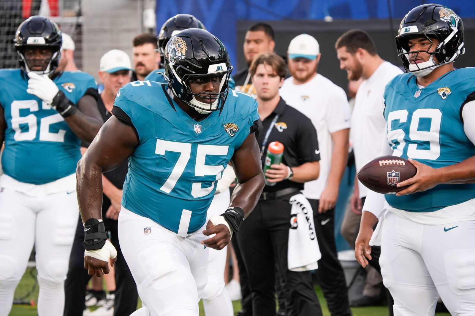 Jacksonville Jaguars guard Emmanuel Pregnon (75) runs a drill before the start of the game against the Carolina Panthers at EverBank Stadium in the second preseason game on Friday night, August 21, 2026 in Jacksonville, Fla. [Doug Engle/Florida Times-Union] USA TODAY Network via Reuters Connect