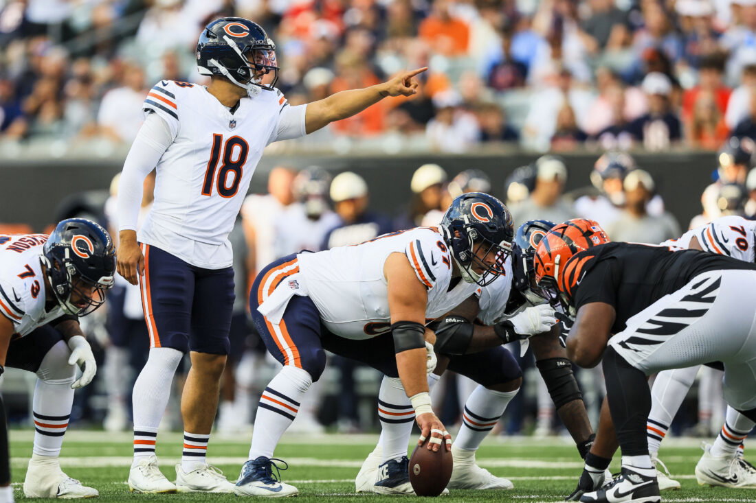 Aug 22, 2026; Cincinnati, Ohio, USA; Chicago Bears quarterback Caleb Williams (18) calls a play in the first half against the Cincinnati Bengals at Paycor Stadium. Mandatory Credit: Katie Stratman-Imagn Images